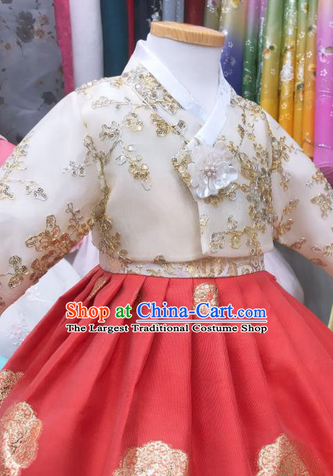 Asian Korea Children Princess Garments Fashion Traditional Birthday Hanbok Clothing Korean Girl Beige Blouse and Red Dress