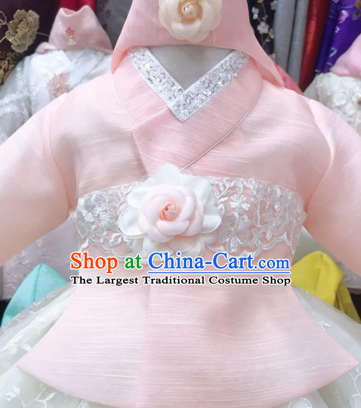 Asian Korean Traditional Birthday Hanbok Clothing Girl Pink Blouse and White Dress Korea Children Princess Garments Fashion