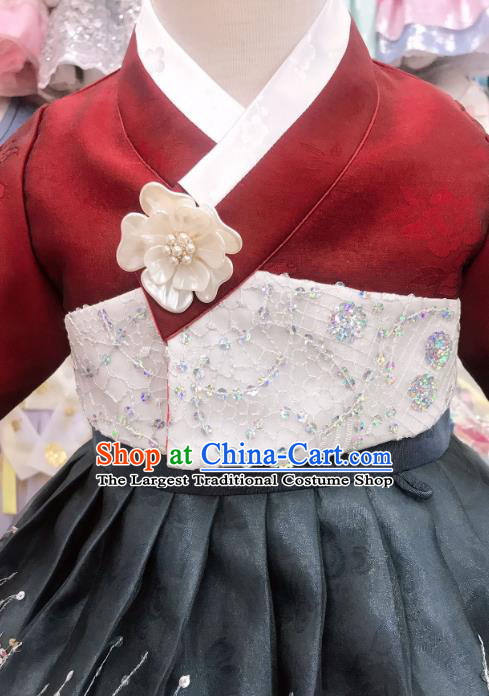 Asian Traditional Festival Garments Fashion Korean Hanbok Clothing Korea Children Wine Red Blouse and Black Dress