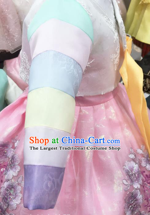 Korean Hanbok Clothing Korea Children White Blouse and Pink Dress Asian Traditional Festival Garments Fashion
