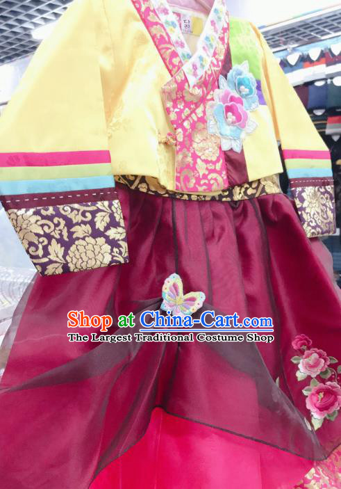 Asian Korea Girl Yellow Blouse and Wine Red Dress Traditional Fashion Garments Korean Court Princess Hanbok Clothing