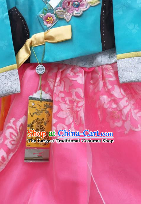 Asian Korea Court Hanbok Clothing Girl Performance Blue Blouse and Pink Dress Traditional Korean Fashion Garments