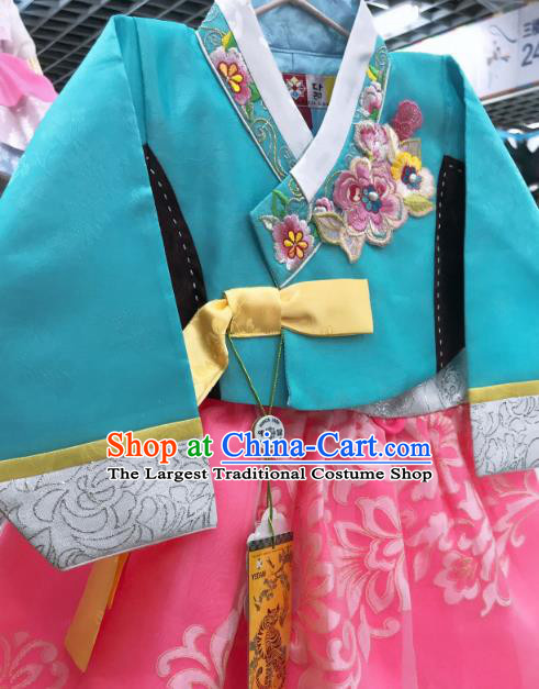 Asian Korea Court Hanbok Clothing Girl Performance Blue Blouse and Pink Dress Traditional Korean Fashion Garments