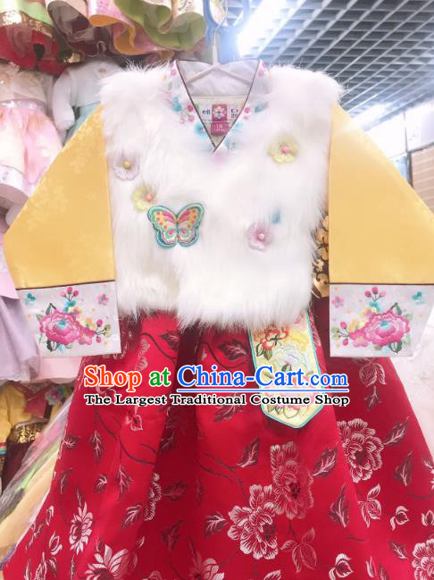 Asian Korean Children Princess Birthday Hanbok Clothing Girl Yellow Blouse and Red Dress Korea Traditional Garments Fashion