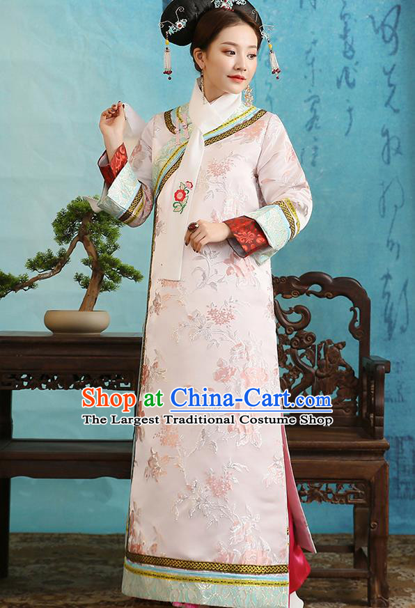 Traditional China Qing Dynasty Imperial Concubine Pink Dress Ancient Garment Court Beauty Historical Clothing and Headpieces