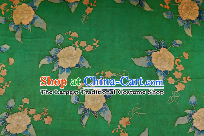 China Green Gambiered Guangdong Gauze Traditional Cheongsam Silk Fabric Classical Peony Pattern Cloth Drapery
