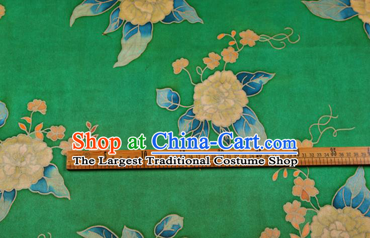 China Green Gambiered Guangdong Gauze Traditional Cheongsam Silk Fabric Classical Peony Pattern Cloth Drapery