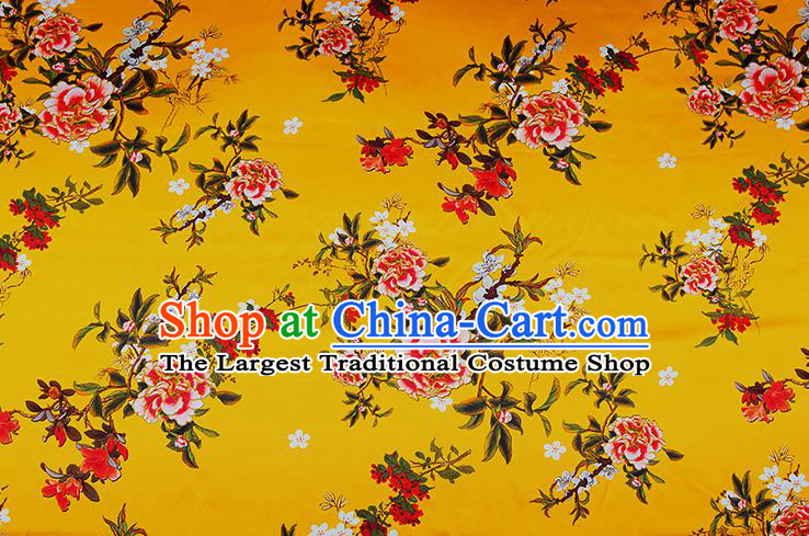 China Classical Printing Peony Cloth Yellow Satin Drapery Traditional Cheongsam Silk Fabric