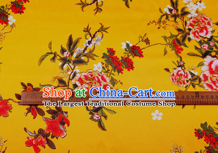 China Classical Printing Peony Cloth Yellow Satin Drapery Traditional Cheongsam Silk Fabric