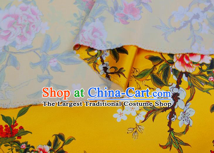 China Classical Printing Peony Cloth Yellow Satin Drapery Traditional Cheongsam Silk Fabric