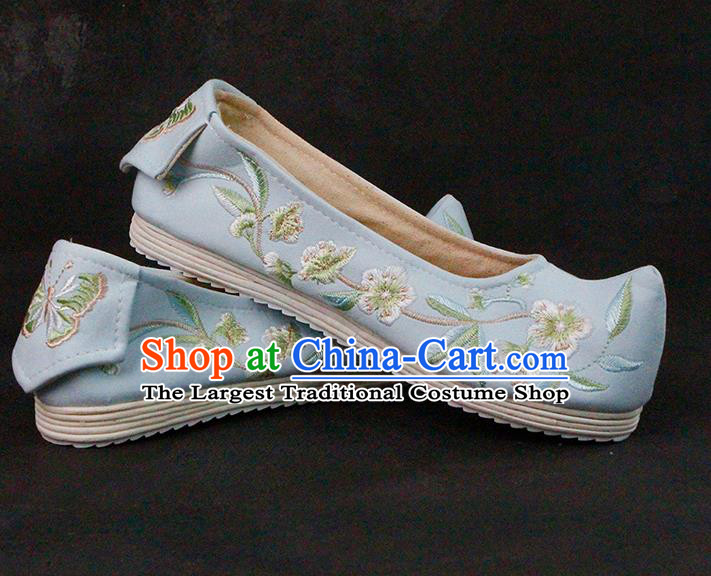 Chinese Ancient Princess Hanfu Shoes Traditional Ming Dynasty Blue Cloth Shoes Embroidered Shoes