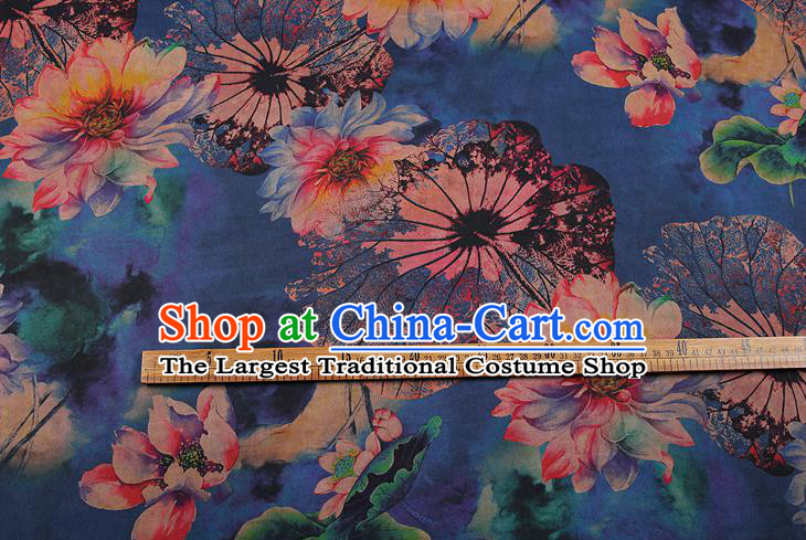 China Traditional Printing Flowers Blue Satin Drapery Silk Fabric Classical Cheongsam Gambiered Guangdong Gauze