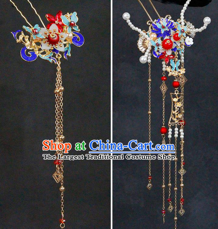 China Traditional Wedding Bride Headwear Ancient Bride Blueing Hair Comb and Tassel Hairpins
