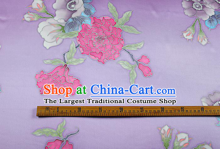 China Traditional Peony Pattern Lilac Brocade Printing Silk Fabric Classical Cheongsam Satin Drapery