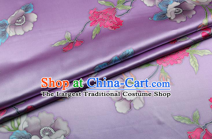 China Traditional Peony Pattern Lilac Brocade Printing Silk Fabric Classical Cheongsam Satin Drapery