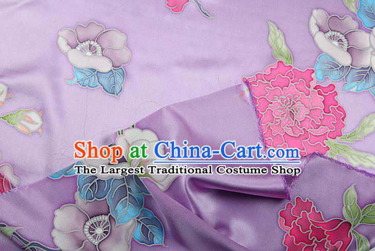 China Traditional Peony Pattern Lilac Brocade Printing Silk Fabric Classical Cheongsam Satin Drapery