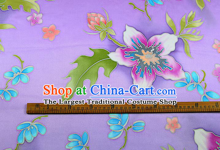 China Printing Silk Fabric Classical Cheongsam Satin Drapery Traditional Flowers Pattern Lilac Brocade
