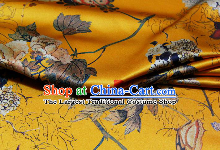 China Classical Cheongsam Printing Peony Yellow Satin Drapery Traditional Brocade Silk Fabric