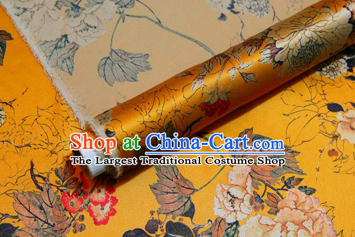China Classical Cheongsam Printing Peony Yellow Satin Drapery Traditional Brocade Silk Fabric