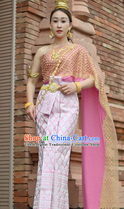 Asian Yunnan Dai Ethnic Dance Pink Dress China Nationality Minority Stage Performance Clothing