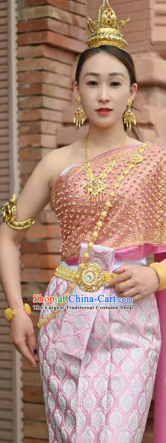 Asian Yunnan Dai Ethnic Dance Pink Dress China Nationality Minority Stage Performance Clothing