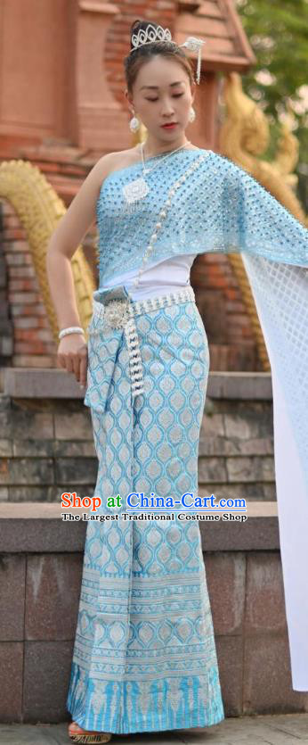 China Dai Nationality Minority Stage Performance Clothing Asian Yunnan Ethnic Folk Dance Blue Dress