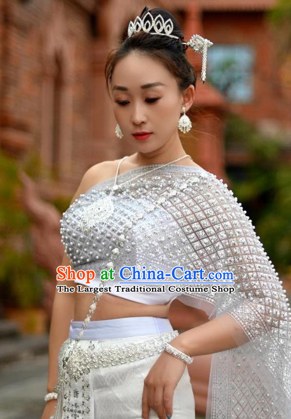 Asian Thailand Princess White Dress Thai Female Folk Dance Embroidery Beads Uniforms Clothing