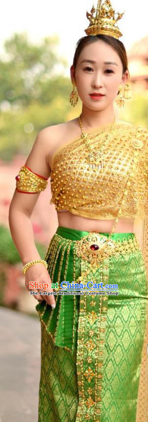 Asian Thai Female Folk Dance Embroidery Beads Uniforms Clothing Thailand Princess Green Dress
