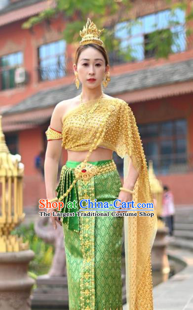 Asian Thai Female Folk Dance Embroidery Beads Uniforms Clothing Thailand Princess Green Dress