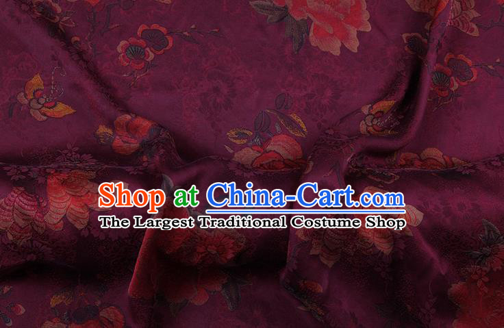 China Purple Gambiered Guangdong Gauze Traditional Silk Fabric Classical Cheongsam Peony Pattern Brocade