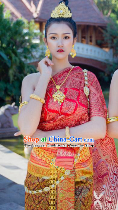 Asian Thai Female Stage Performance Uniforms Clothing Traditional Thailand Court Golden Dress