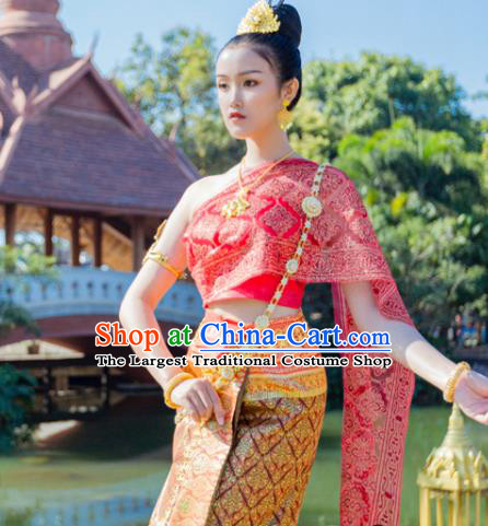 Asian Thai Female Stage Performance Uniforms Clothing Traditional Thailand Court Golden Dress
