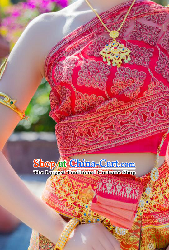 Asian Thai Female Stage Performance Uniforms Clothing Traditional Thailand Court Golden Dress