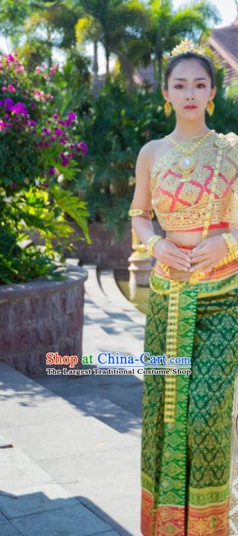 Traditional Thailand Court Green Dress Uniforms Asian Thai Female Stage Performance Clothing