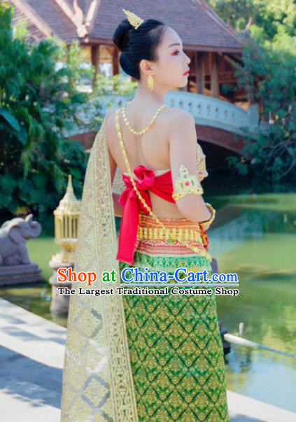 Traditional Thailand Court Green Dress Uniforms Asian Thai Female Stage Performance Clothing