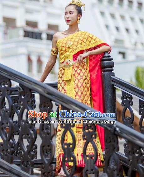 Traditional Thailand Court Rani Yellow Dress Uniforms Asian Thai Stage Performance Dance Clothing