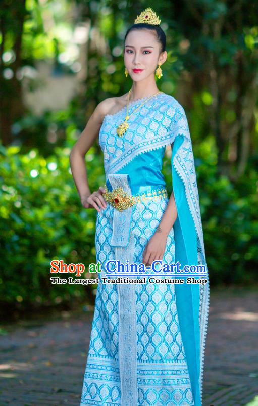 Asian Thai Stage Performance Dance Clothing Traditional Thailand Court Princess Blue Dress Uniforms