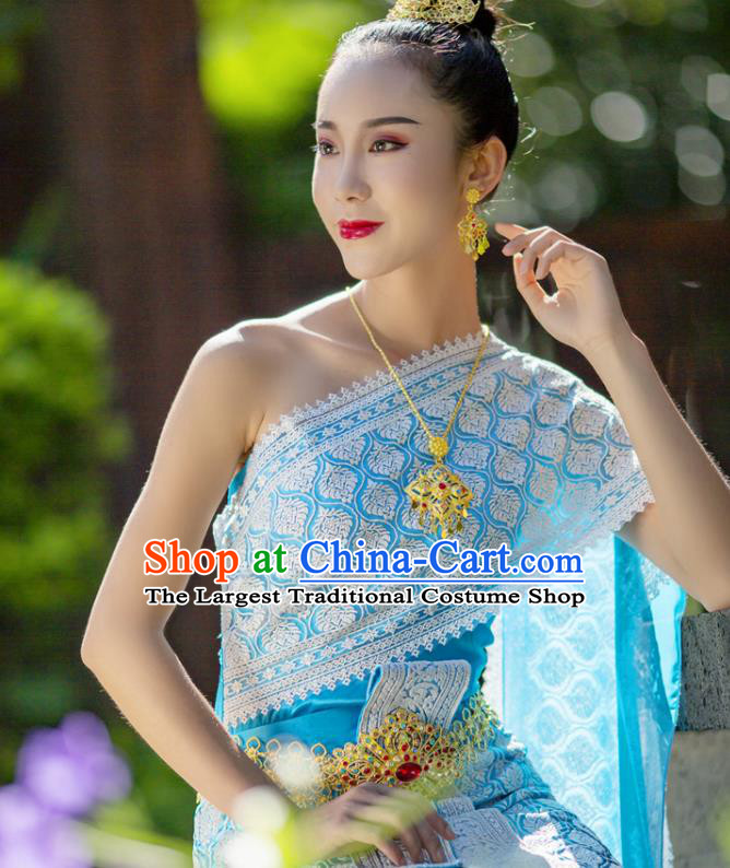 Asian Thai Stage Performance Dance Clothing Traditional Thailand Court Princess Blue Dress Uniforms