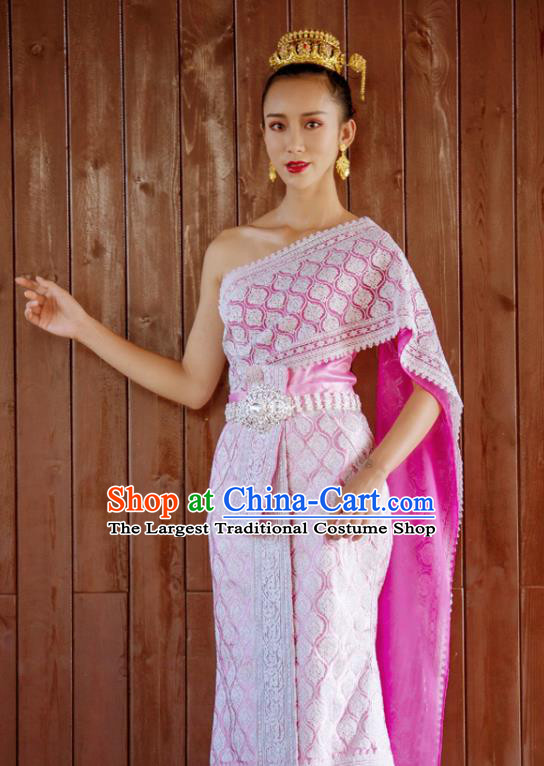 Asian Thai Folk Dance Clothing Traditional Thailand Court Princess Rosy Dress Uniforms