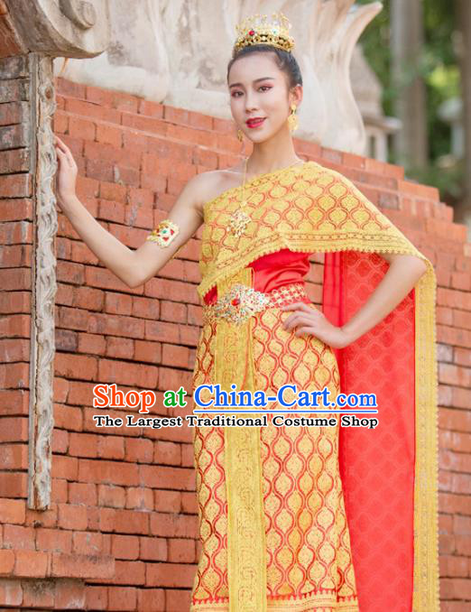 Traditional Thailand Court Princess Yellow Dress Uniforms Asian Thai Folk Dance Clothing