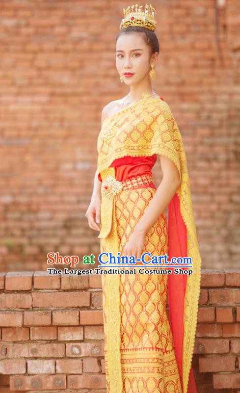 Traditional Thailand Court Princess Yellow Dress Uniforms Asian Thai Folk Dance Clothing