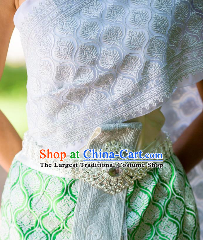 Traditional Thailand Court Princess White Blouse and Green Skirt Uniforms Asian Thai Folk Dance Dress Clothing