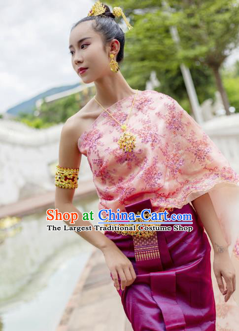 Asian Thai Folk Dance Dress Clothing Traditional Thailand Court Princess Blouse and Purple Skirt Uniforms