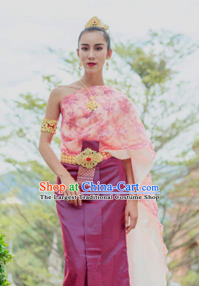 Asian Thai Folk Dance Dress Clothing Traditional Thailand Court Princess Blouse and Purple Skirt Uniforms