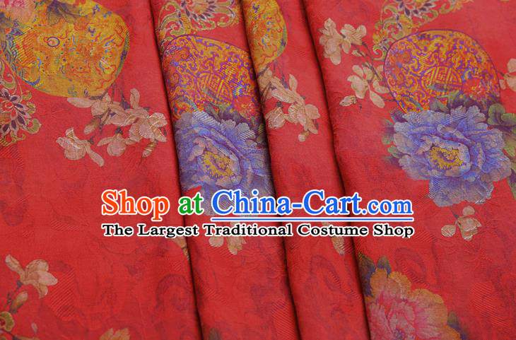 China Classical Wedding Dress Red Brocade Traditional Peony Pattern Gambiered Guangdong Gauze Silk Fabric