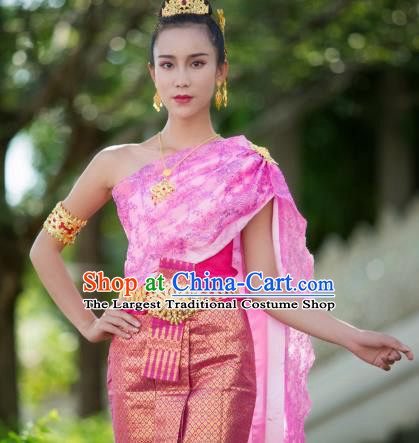 Asian Thai Princess Consort Dress Clothing Traditional Thailand Performance Blouse and Rosy Brocade Skirt Uniforms