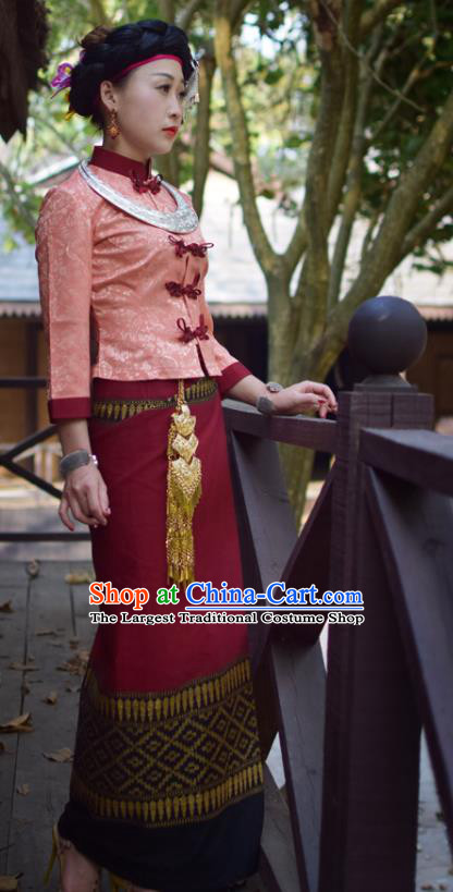 China Dai Nationality Minority Stage Performance Clothing Yunnan Ethnic Folk Dance Pink Blouse and Wine Red Skirt Uniforms