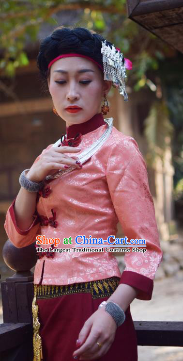 China Dai Nationality Minority Stage Performance Clothing Yunnan Ethnic Folk Dance Pink Blouse and Wine Red Skirt Uniforms