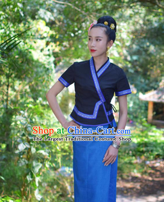 China Dai Nationality Clothing Yunnan Ethnic Water Sprinkling Festival Navy Blouse and Blue Skirt Uniforms