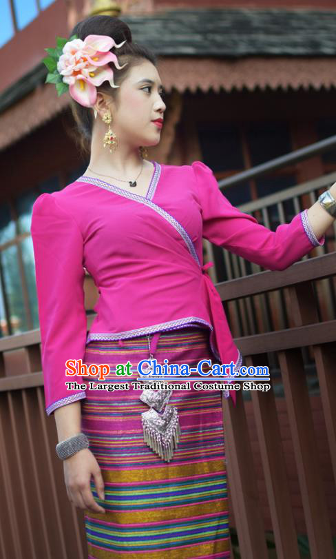 China Yunnan Ethnic Folk Dance Rosy Blouse and Skirt Uniforms Dai Nationality Informal Clothing